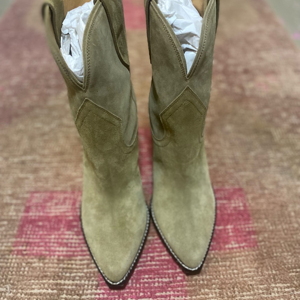 Isabel Marant Taupe Heeled Boots with Pointed Toe and Mid-Calf Height